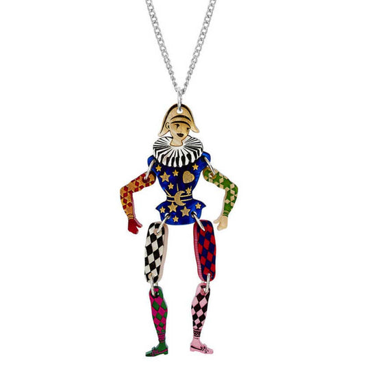 Tatty Devine harlequin pendant: a jointed harlequin figure in patterned colours