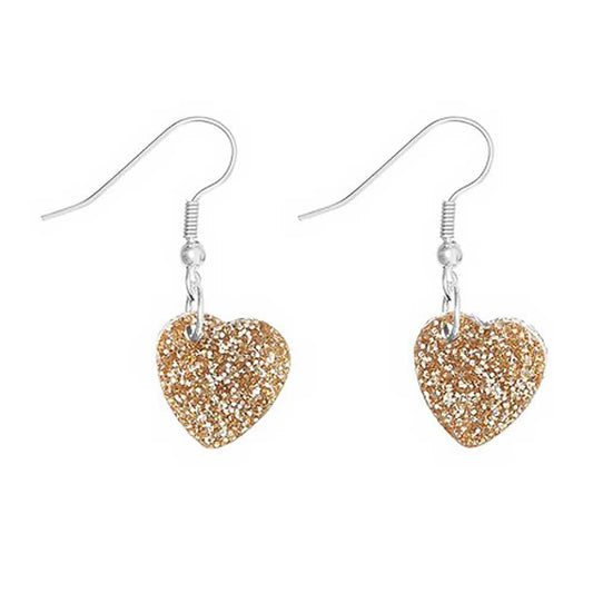 Tatty Devine heart charm earrings in gold glitter on silver hooks