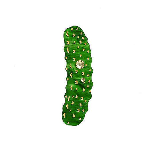 Green glittery pickle brooch with a gold sparkle