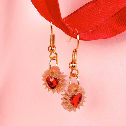 Mini immaculate heart earrings on a red ribbon
