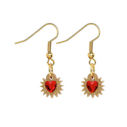 Tatty Devine mini immaculate heart earrings: red hearts with gold sunburst rims