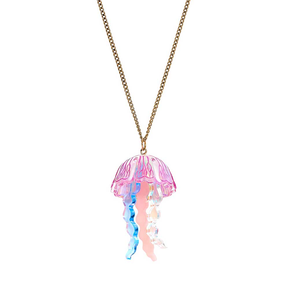 Pink and blue acrylic moon jellyfish pendant on a gold chain