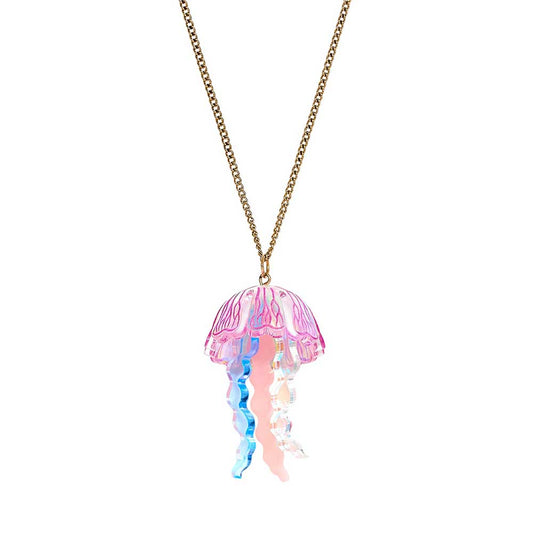 Pink and blue acrylic moon jellyfish pendant on a gold chain