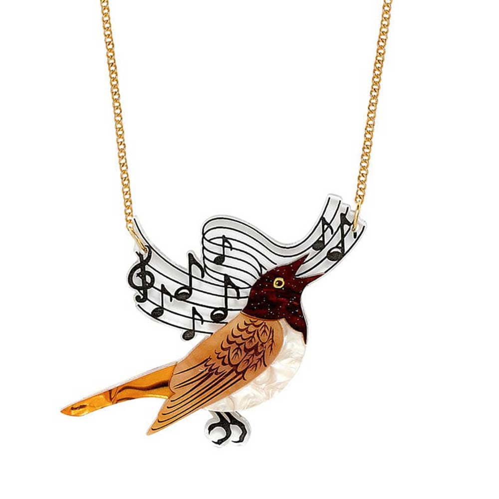 Tatty Devine nightingale necklace: a brown bird singing music notes