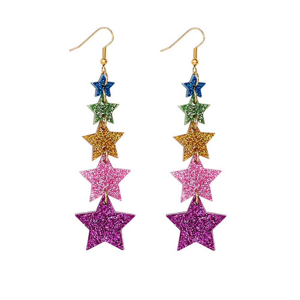 Tatty Devine Super Star earrings: five glitter stars in blue, green, gold, pink and purple