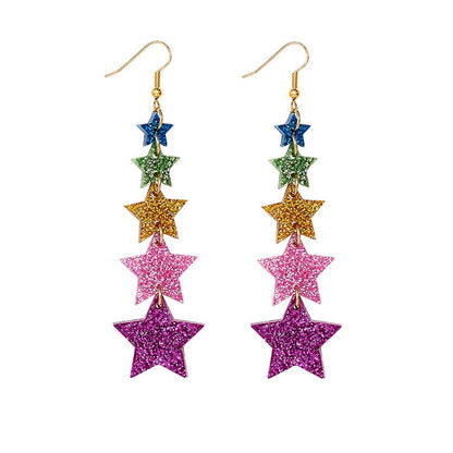 Tatty Devine Super Star earrings: five glitter stars in blue, green, gold, pink and purple