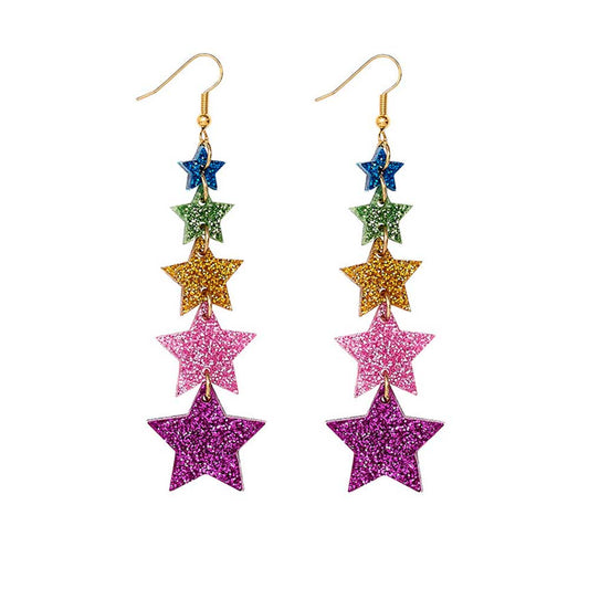 Tatty Devine Super Star earrings: five glitter stars in blue, green, gold, pink and purple