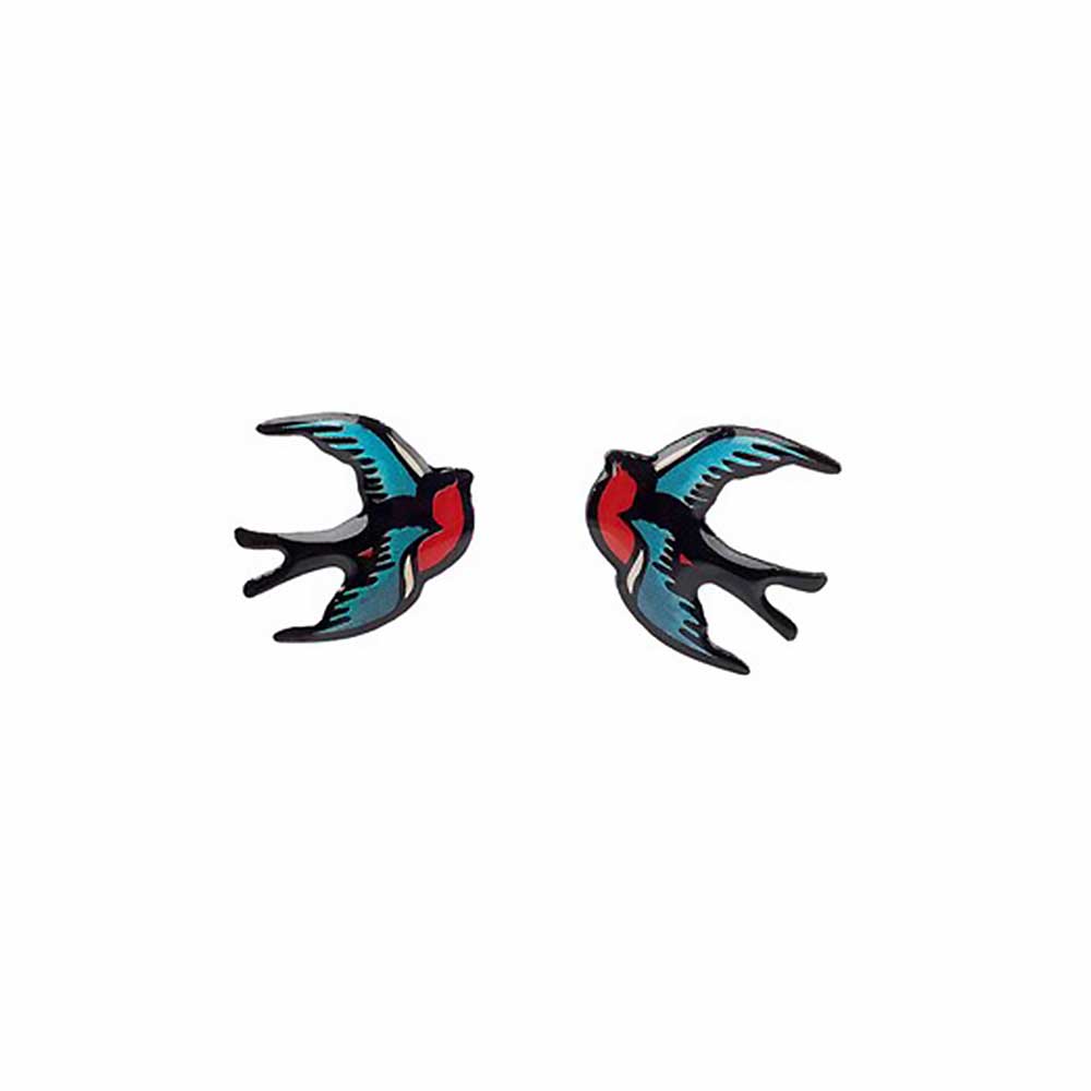 Pair of blue and red swallow stud earrings