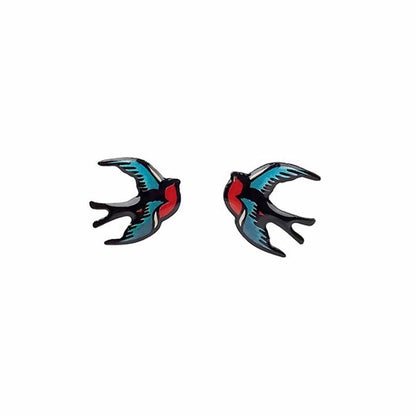 Pair of blue and red swallow stud earrings