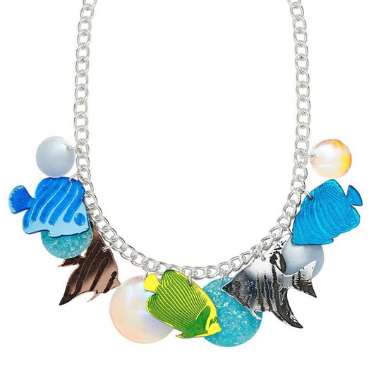 Tatty Devine tropical fish tank statement necklace: mirrored fish, bubbles and glitter shapes on a silver chain