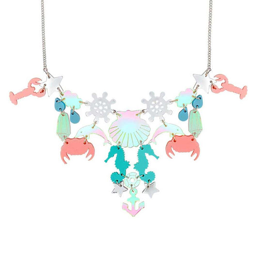Statement necklace of pastel acrylic sea creatures including crabs, seahorses, lobsters and shells