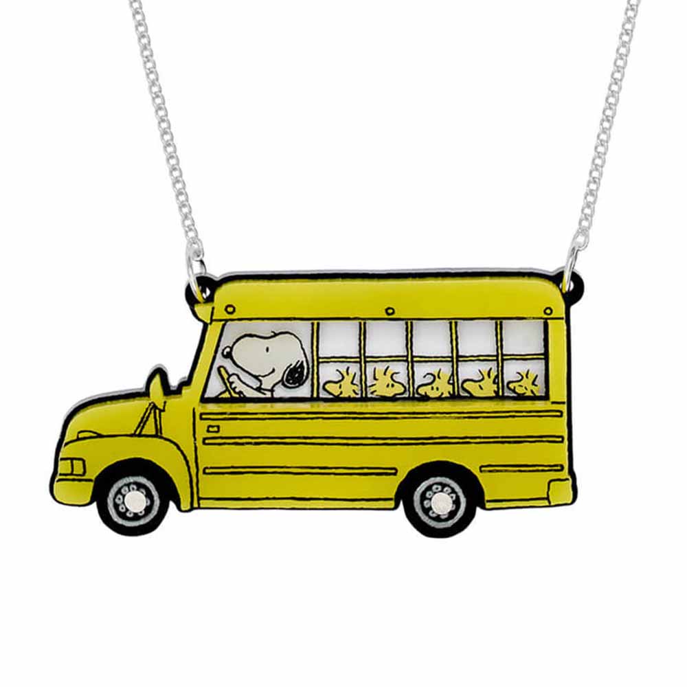 Tatty Devine x Peanuts necklace: a yellow school bus with Snoopy and Woodstocks in the windows