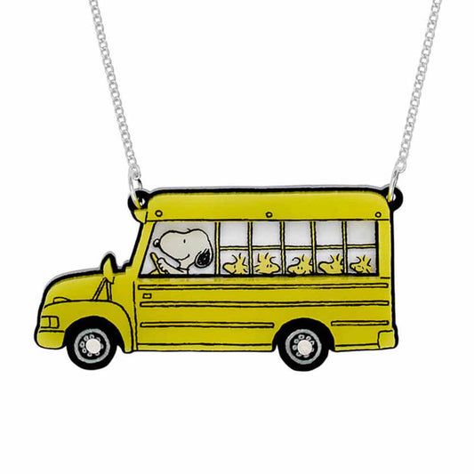 Tatty Devine x Peanuts necklace: a yellow school bus with Snoopy and Woodstocks in the windows