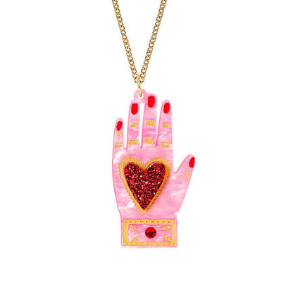 Tatty Devine x The Printed Peanut heart in hand pendant: a pink hand with a red glitter heart