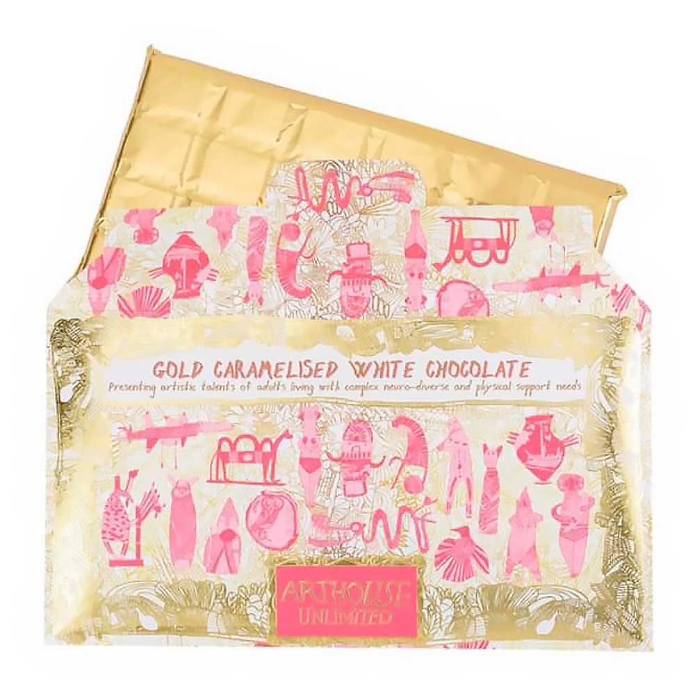 Timeless Treasure bar half out of its sleeve, showing the gold foil