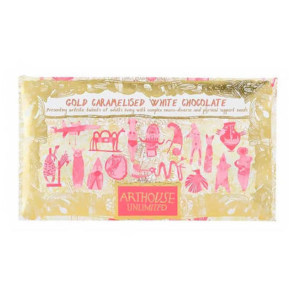 Arthouse Unlimited gold caramelised white chocolate bar in a pink and gold wrapper