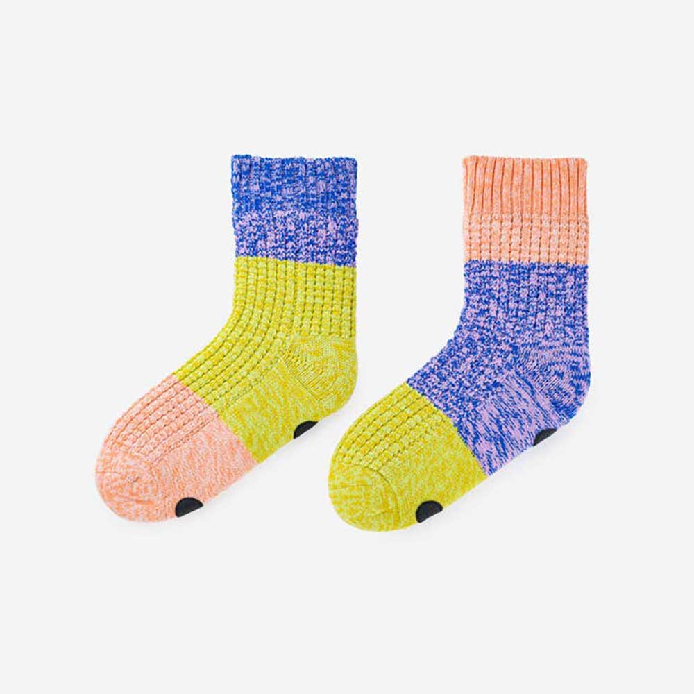 Waffle knit house socks in blue, lime and peach with black grip dots