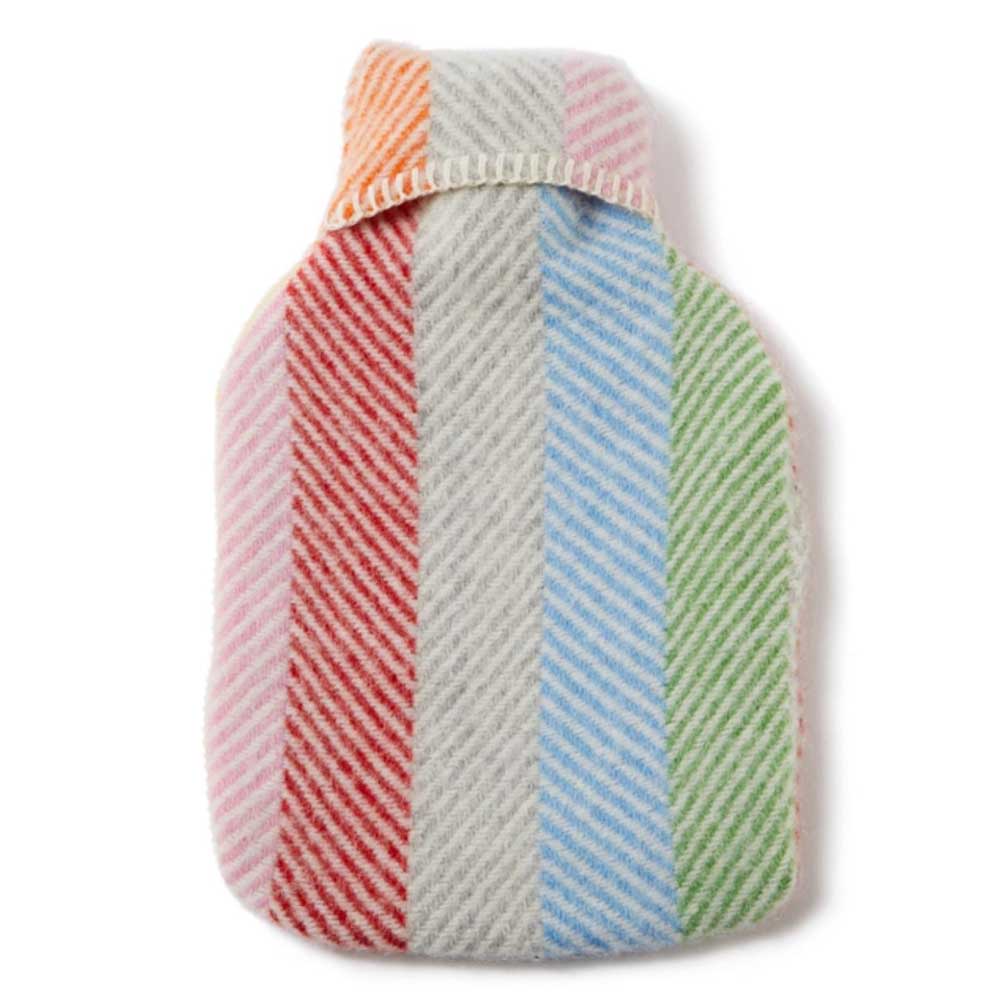 Tweedmill wool hot water bottle with rainbow stripes on grey