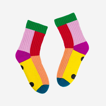 Pair of kaleidoscope house socks seen from above