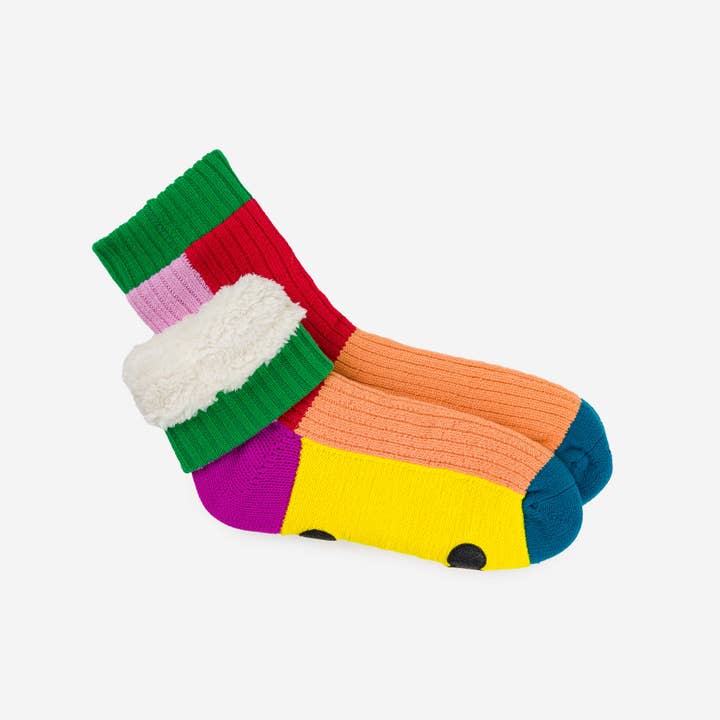 Kaleidoscope house sock folded to show the fleecy lining