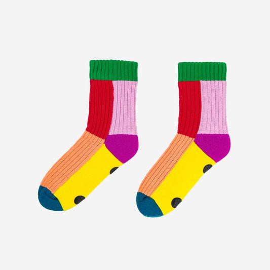 Ribbed colour-block house socks in red, pink, orange, yellow and green with black grip dots