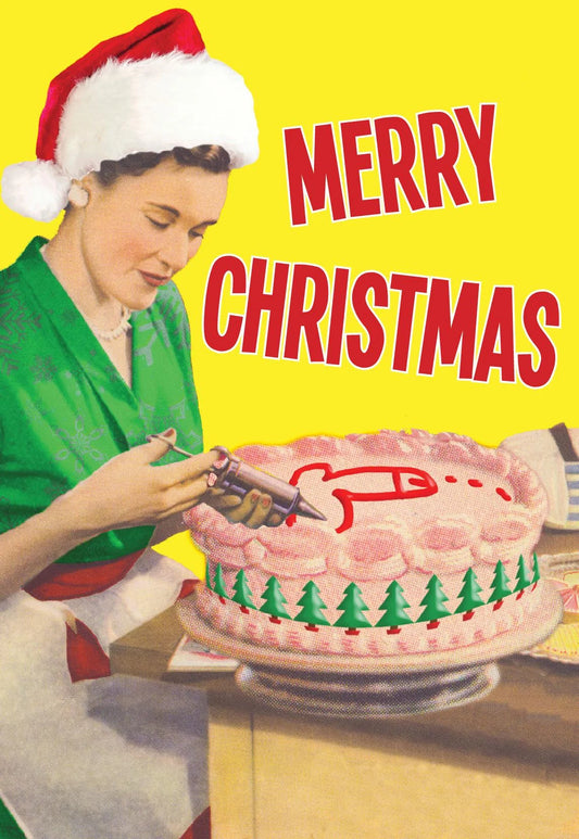 Kiss Me Kwik card: a 1950s woman in a Santa hat icing a rude shape on a cake, with 'Merry Christmas' in red