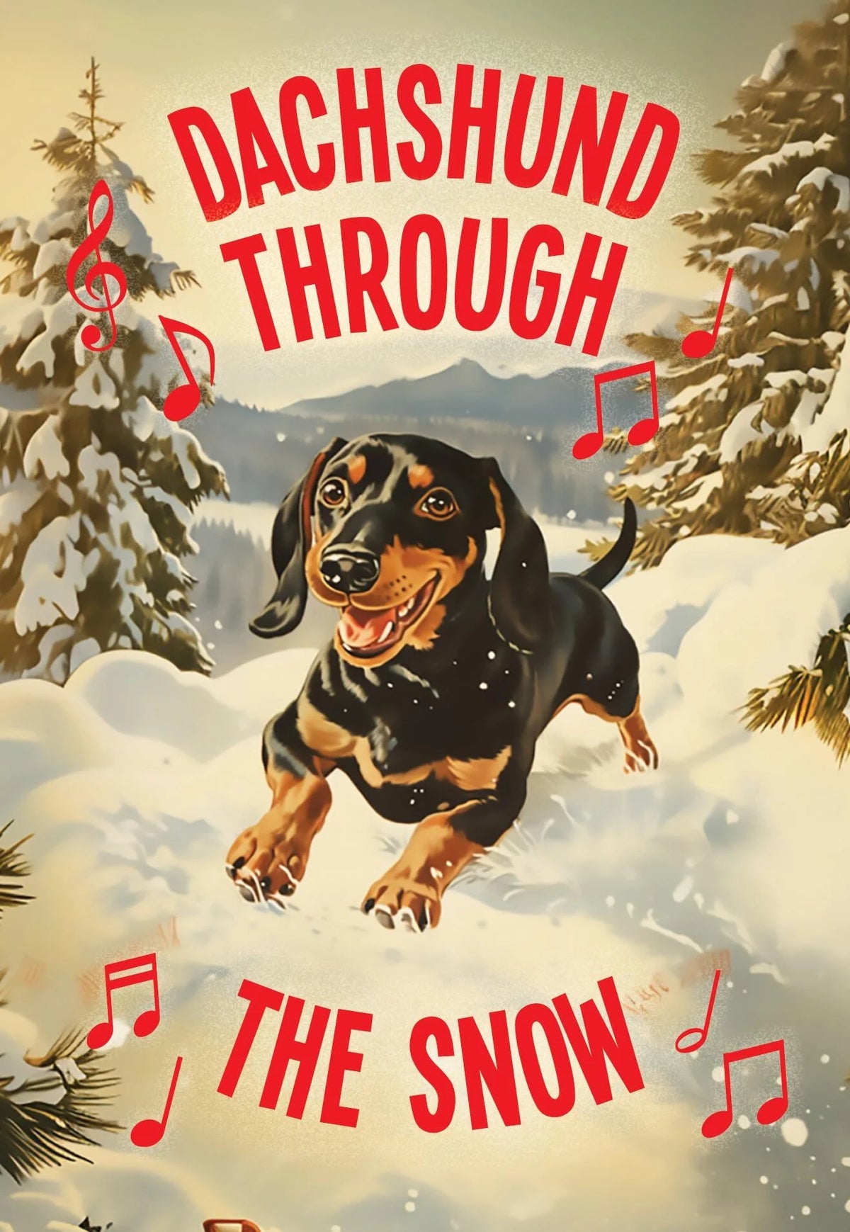 Christmas card of a dachshund leaping through snow: Dachshund through the snow