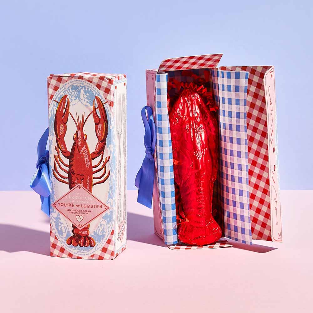 You're My Lobster red-wrapped chocolate lobster in a gingham box